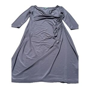 Ralph Lauren LRL Womens Size 4 Gray Midi Dress V Neck Rouched 3/4 Sleeve Stretch